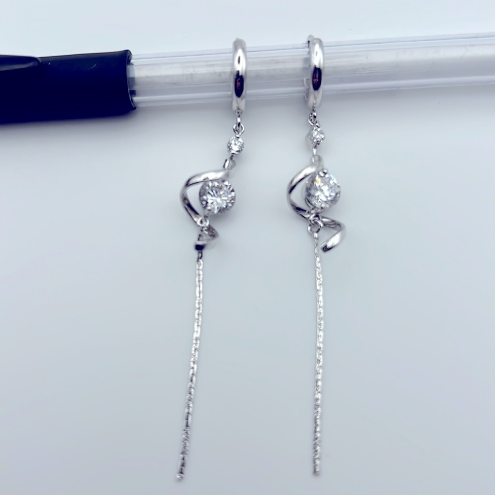 SILVER CUBIC ZIRCONIA DANGLING EARRING - Picture 3 of 5